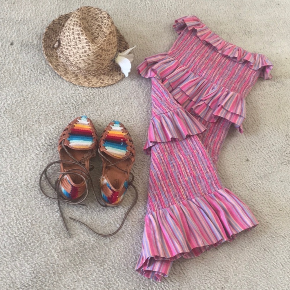 TULAROSA/“BAILEE”STRAPLESS MULTI STRIP LINEN BLEND RUFFLE DRESS/ NEW - Picture 3 of 10
